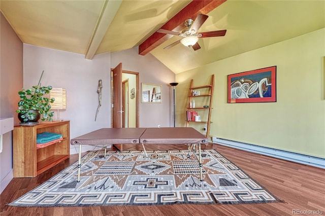 office with baseboard heating, vaulted ceiling with beams, ceiling fan, and wood finished floors