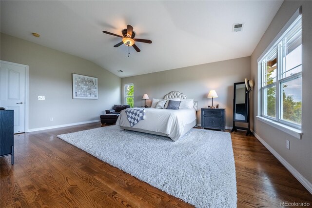 26741 E Arbor Dr, Aurora, CO 80016 - bedroom with vaulted ceiling, dark wood-style floors, baseboards, and a ceiling fan