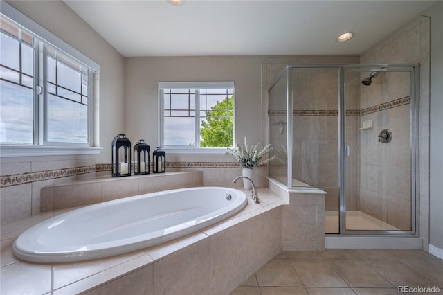 26741 E Arbor Dr, Aurora, CO 80016 - bathroom with a bath, tile patterned floors, a stall shower, and recessed lighting