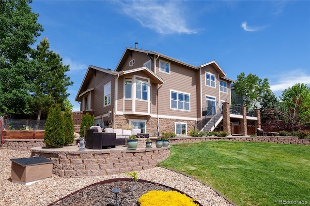 26741 E Arbor Dr, Aurora, CO 80016 - back of property featuring an outdoor living space, stairs, stone siding, and a patio area