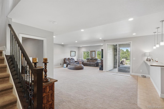 living room with light carpet