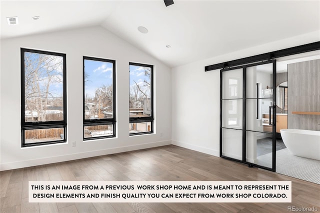 empty room with lofted ceiling, hardwood / wood-style flooring, and plenty of natural light