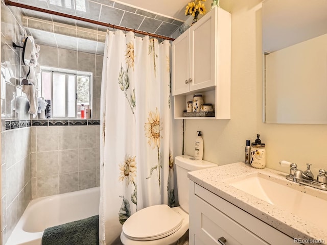 6837 S Brook Forest Rd, Evergreen, CO 80439 - bathroom with toilet, vanity, and shower / bath combination with curtain