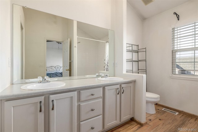 bathroom featuring vanity, lofted ceiling, hardwood / wood-style floors, and toilet