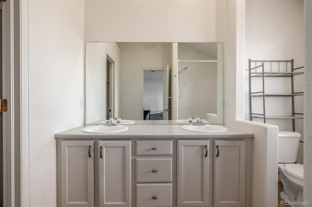 bathroom with vanity, a shower, and toilet