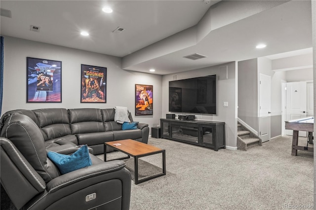 carpeted living room with stairway, baseboards, recessed lighting, and visible vents