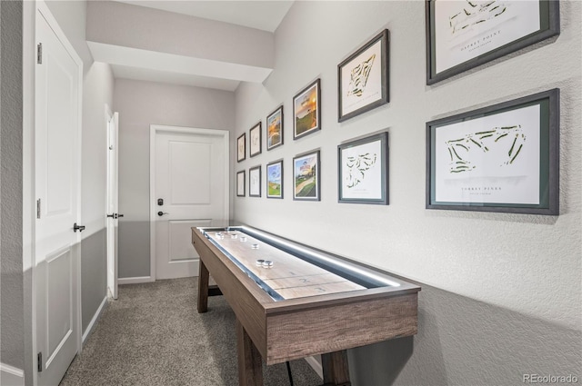 recreation room with carpet flooring