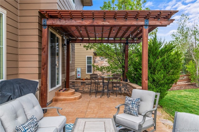 view of patio / terrace featuring a pergola, an outdoor hangout area, and entry steps