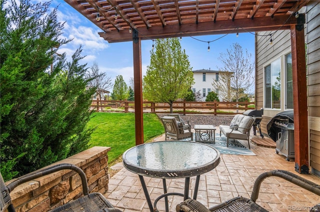 view of patio / terrace featuring a pergola, a fenced backyard, and an outdoor hangout area