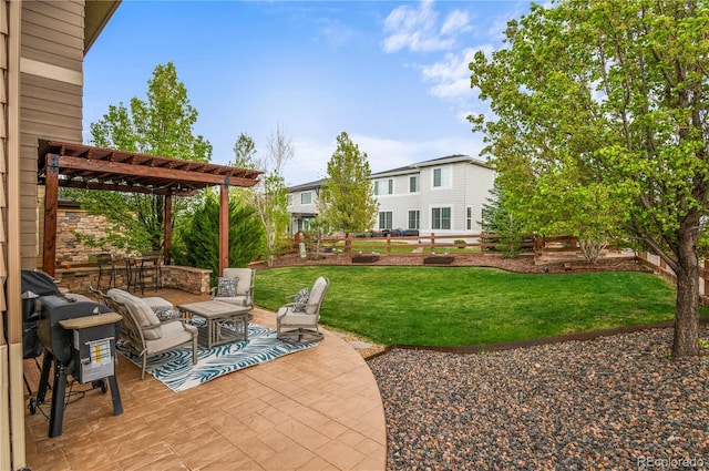 view of yard with a pergola, an outdoor living space, and a patio area