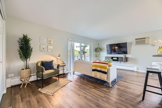 937 N Clarkson St Unit 405, Denver, CO 80218 - living area with a wall mounted air conditioner, wood finished floors, and a baseboard radiator