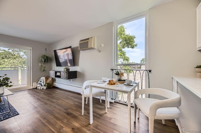 937 N Clarkson St Unit 405, Denver, CO 80218 - living area with an AC wall unit, a baseboard heating unit, and wood finished floors