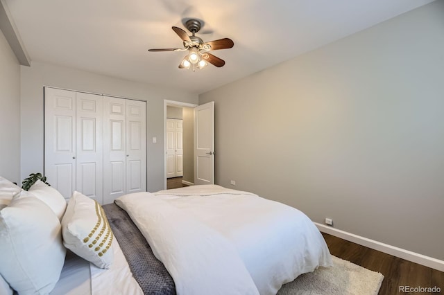 937 N Clarkson St Unit 405, Denver, CO 80218 - bedroom featuring dark wood-type flooring, a closet, and ceiling fan