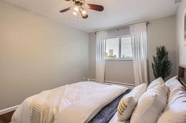 937 N Clarkson St Unit 405, Denver, CO 80218 - bedroom featuring a baseboard radiator, wood finished floors, and ceiling fan