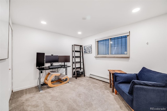 20 S Logan St Unit 104, Denver, CO 80209 - living area with a baseboard radiator, carpet, an office area, recessed lighting, and baseboards