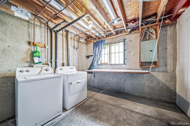 basement featuring washer and dryer and electric panel