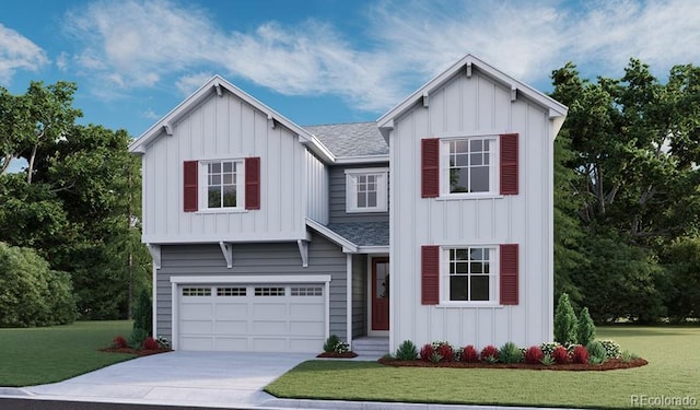 view of front of home with a front yard, an attached garage, and board and batten siding