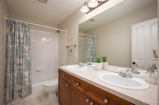 full bath with double vanity, tile patterned flooring, a sink, and shower / bath combo with shower curtain