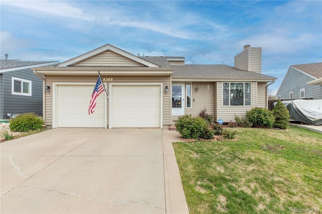 ranch-style home with an attached garage, a chimney, driveway, and a front lawn