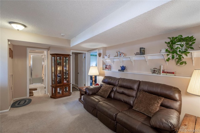 living area featuring baseboards, carpet, and a textured ceiling