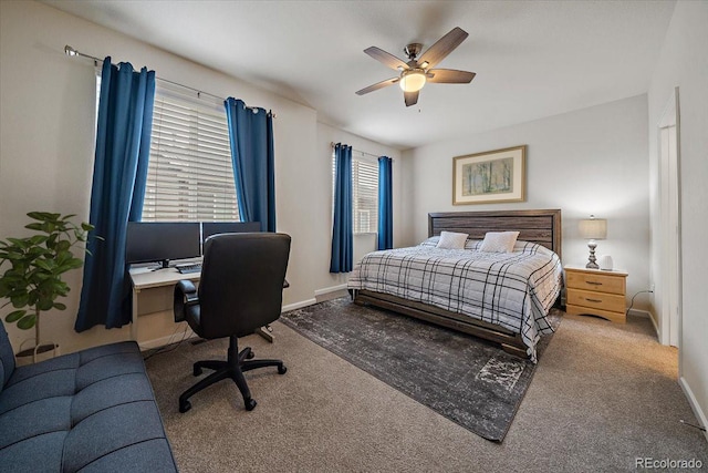 bedroom with carpet floors, baseboards, and ceiling fan