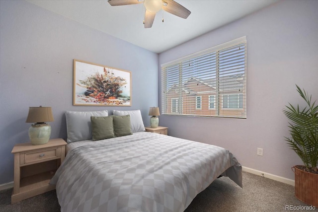 bedroom with baseboards, carpet, and ceiling fan