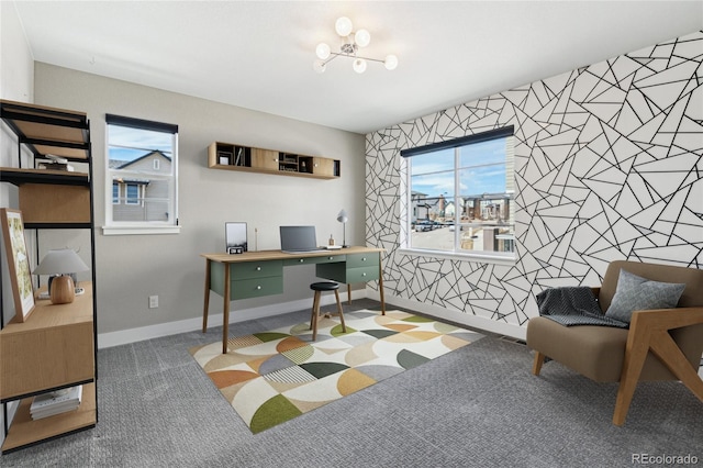 carpeted office with baseboards and wallpapered walls