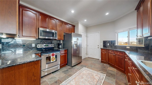 kitchen with stainless steel appliances, recessed lighting, decorative backsplash, stone finish floor, and crown molding