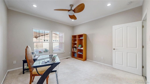 office space featuring baseboards, ornamental molding, light colored carpet, and ceiling fan