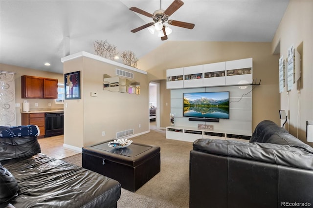 living room with high vaulted ceiling, light carpet, and ceiling fan