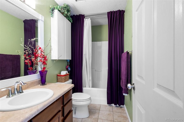 full bathroom featuring tile patterned flooring, a textured ceiling, toilet, vanity, and shower / tub combo with curtain