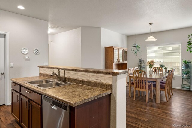 1836 Taos St, Brighton, CO 80603 - kitchen featuring dishwasher, a sink, dark wood finished floors, decorative light fixtures, and baseboards