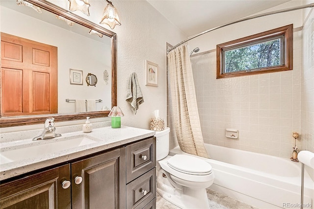 full bathroom with toilet, shower / tub combo with curtain, and vanity