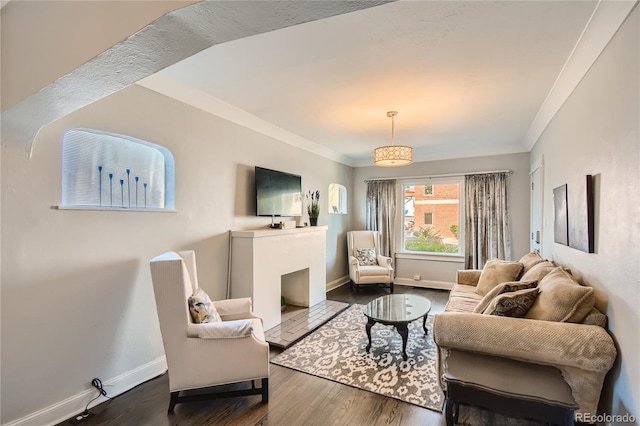 living room with ornamental molding and dark hardwood / wood-style floors