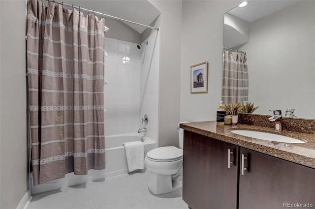 bathroom featuring toilet, tile patterned flooring, shower / bath combination with curtain, and vanity