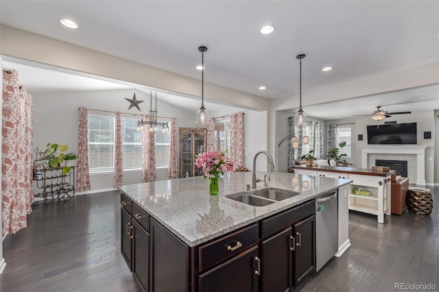 kitchen with vaulted ceiling, stainless steel dishwasher, dark wood-type flooring, and a sink