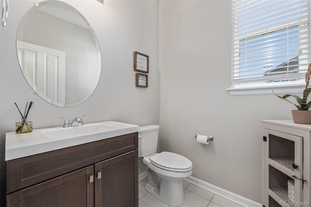 half bath with tile patterned floors, baseboards, toilet, and vanity