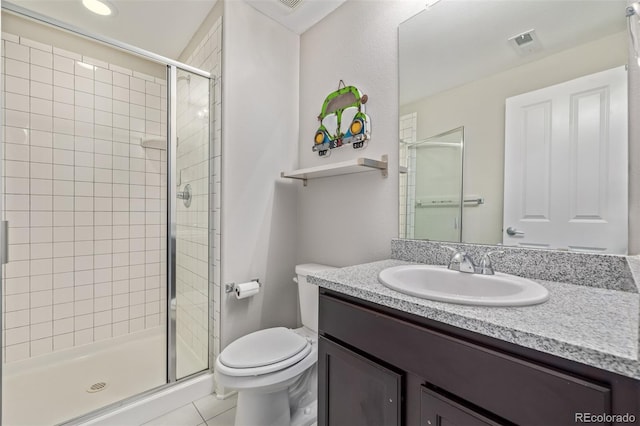 full bathroom with visible vents, toilet, a stall shower, tile patterned floors, and vanity