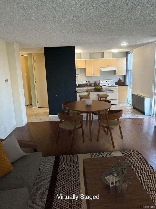 dining area with baseboards, light wood-type flooring, and a textured ceiling