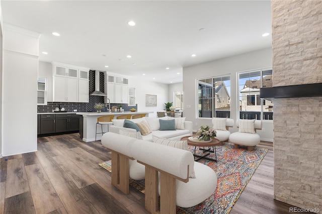 living room with sink and wood-type flooring