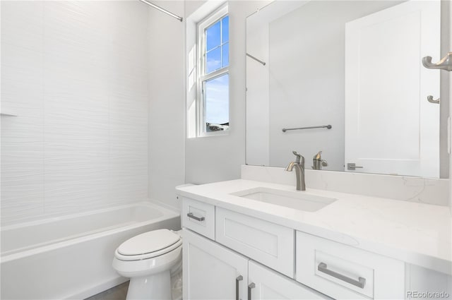 full bathroom with toilet, bathing tub / shower combination, and vanity