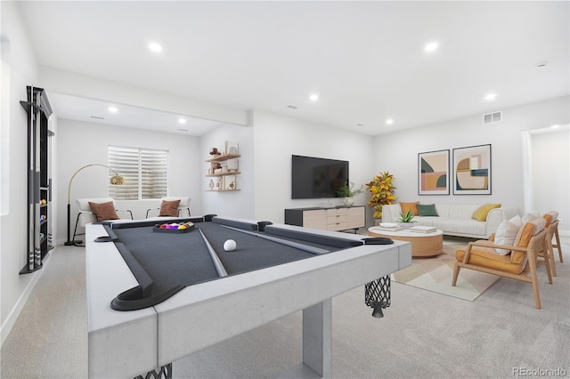 rec room featuring visible vents, pool table, baseboards, light carpet, and recessed lighting