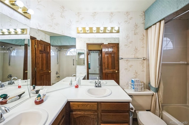 full bathroom featuring toilet, shower / tub combo, and vanity