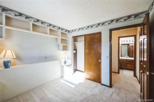 carpeted bedroom with ensuite bath, a textured ceiling, a closet, and sink