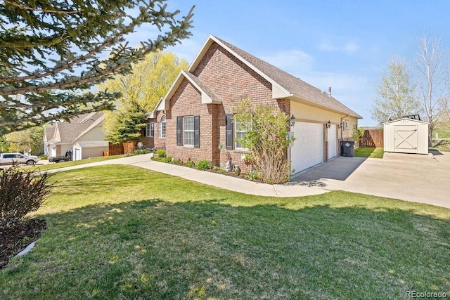 1060 Alta Vista Dr, Craig, CO 81625 - view of side of home with a storage shed, a garage, brick siding, asphalt driveway, and an outdoor structure