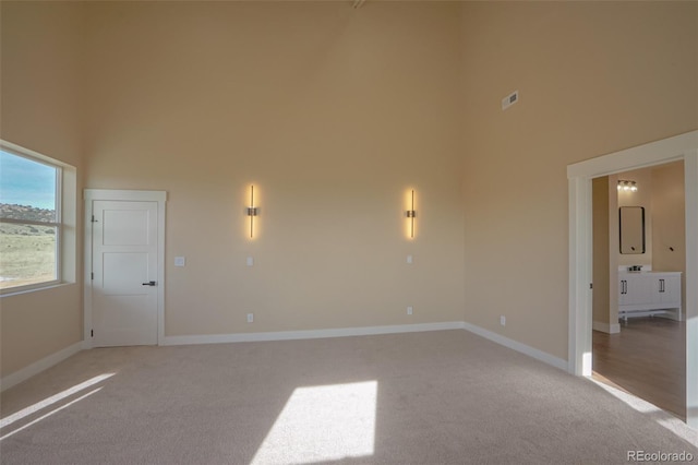 unfurnished room with light carpet and a high ceiling