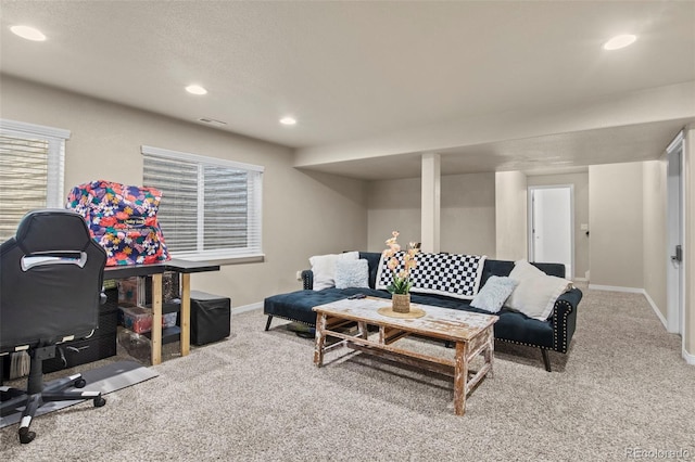 living room with carpet and a textured ceiling