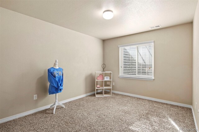 unfurnished room with a textured ceiling and carpet flooring