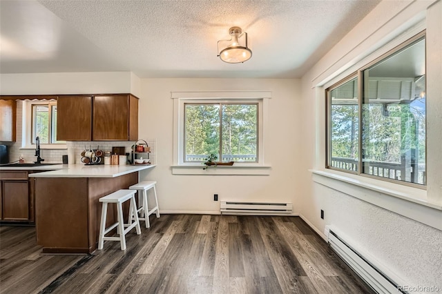 28669 Mountain View Rd, Conifer, CO 80433 - kitchen with a baseboard radiator, a sink, a kitchen bar, dark wood finished floors, and decorative backsplash