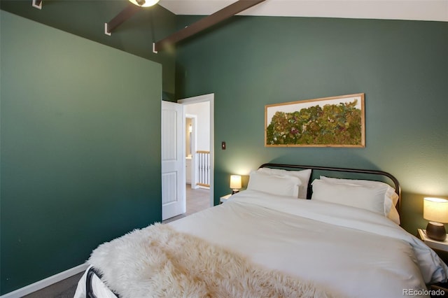 bedroom with high vaulted ceiling, carpet, and ceiling fan